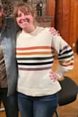 This sweater is super soft! The sleeves are more billowy than a regular fitting sweater, which is a fun touch. The colors make it super easy to pair with most any color bottoms. I would not run this through the wash, as the material is soft and delicate. But it does hand wash easily and dries fast. - Renee B.