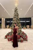 The deep burgundy velvet and bold bow detail create an elegant, feminine silhouette!! I loved this dress so much - Jin H.
