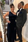 My hubby wore a matching blue velvet bowtie. Very elegant with a hint of late night flair with the split - Christina E.