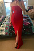 This dress is AMAZING! The fabric is thick but stretchy and hugs every curve in the right way. The colour is stunning and a true red. I'm usually a size small in Lulus but read reviews and bought the medium so happy I did because it's perfect! Can't wait to wear for wedding season. - Randi W.