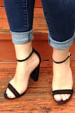 I am obsessed with these heels. I wear them ones a week.They fit true to size and they are comfortable after you wear them a few times. The material is good for this price.It gets dirty pretty quickly but can easily be wiped off. I also bought these heels in nude. - Alexandra O.