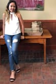 FITS ON MY CURVES; a bit LONG FOR PETITE HEIGHT. ONLY PROBLEM IS THE ODD DISTRESSED HOLES. - RIA K.