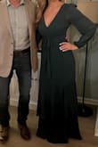 This is a gorgeous dress! I bought the green in size M, probably could have gone with S for a slightly tighter fit. The green color is beautiful, I wore it to a Christmas party. I am waiting for Navy to be restocked and plan on buying that color also. The dress is very long, which for me was fantastic, I am 5'11" and wore 3-inch heels and the dress almost touched the floor - it is rare for me to find a dress that is this long. - Irena H.