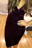 This dress fit beautifully, hitting just below the knees and excentuated my curves. The cowl neck revealed just enough and still allowed for a strapless bra. The color looks different depending on the type of photo (flash or without) - it looked cranberry/burgundy in person, but more purple-ish with the flash. Either way, it totally worked for the holiday season. - Amy M.