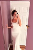 I wore this dress for our wedding rehearsal dinner last year and it was just as beautiful as the pictures! It fit perfectly and wasn't loose or too tight in any places. The only thing I didn't like was that the material used for this dress tended to get dirty very easily. And especially with it having a small train, it wasn't hard to have it get dragged through dirt. And our wedding was outside so, it got dirty pretty easily but, if you don't plan on walking through nature, you should be good! - Alexandra W.