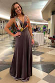 This dress is beautiful and fits true to size. It was a little long; however, I chose to wear flats due to the amount of walking I had to do. Still, by far one of my favorite dresses. I felt it was very flattering. I do recommend double-sided tape to hold the neckline in place. - Kayla E.