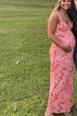 I got this for a wedding in Hawaii as a guest when I was 27 weeks pregnant. It was so comfortable and sooooo pretty. I got so many compliments. Material was stretchy and nice. - Emma S.