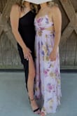 Wore this dress for an outside, spring wedding. It fit perfect everywhere. I wore a sticky bra and that made the top fit perfect and felt secure. My bra did peek out of the corners near my armpits, but I also wear a 32DD so it's a bra with a lot of coverage. Material was good quality, and the lavender/purple color was soo pretty. - Julie J.