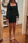 My 13yr old daughter ordered this dress for a school formal and it fits her perfectly - not too short and still classy with the sheer sleeves. She loves it!  Pics are her trying on the moment she received it, lol. - Lindsey W.