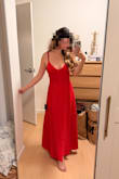 I took a chance because I love a nice red, but no reviews seemed to reflect my body type. This dress is STUNNING. I wish I had it in so many more colors/prints. It's so slimming, AND you can wear it with a push-up bra when placed/matched correctly. The material doesn't have a ton of stretch, but I would say it does run tight-ish, but ultimately true to size. I'm in between XS/S now, but in these photos, I was more of a true S. This Small fits great. I'm also only 5'2", and of course, this midi dress is the perfect "maxi" length for me without hemming. - Alison C.