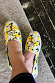 These are beautiful shoes that run true to size: I typically wear a 9 or 9.5 & ordered a 9. I'm not a fan of the 3 oversized crystals that are on the top of the shoe towards the ankle so I immediately cut these off and I'm so much happier with them! If you're going to do this please be aware that there is a small dark dot where they were sewn to the shoe which you can see in my photo (this doesn't bother me). Do not bend over too much in these shoes where the toe bends or the flowers will pop off. I had to sew one back on but I should know that the embellishments are somewhat delicate. Still love these! - Shannon D.