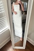 This dress is absolutely stunning!!!!
Fits PERFECTLY. True to size. A mild stretch to the design. The size L is incredibly flattering on my size 8/10 body!
It is long, which worked well for me as a 5'9 girl, but prepare to have it altered if you're on the shorter side!
The floral detail overlay is of such high quality.
Ignore the wrinkles at the bottom from tight shipping. I am confident that those will fall out with time and/or some light heat!
So excited to wear it for my rehearsal dinner. - Jessica W.
