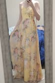 I love this dress! I usually don't wear yellow but this is such a pretty pale yellow. I am really short however, and with 3+ inch heels, it is touching the floor. So if you are short like me, you might need some really tall heels! I love that it has adjustable straps too! - Sara B.