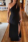 I bought this dress for a Fundraising Gala, but the material is on the thick side, and it was just loose enough around the belly that it didn't fit quite right. I really like the dress, so I'm keeping it and will have it taken in just under an inch. The shoulder strap and cut out, plus the slit in front, make it unique and sexy...but not over the top. - Kerry S.