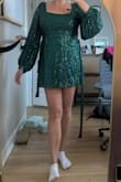 I really wanted to love this dress! The square neckline is super flattering, especially for an apple shape like mine. It's also surprisingly comfortable. The fit isn't too tight around the tummy or hips, which I really appreciated. The sleeves are a great length too, which is often hard to find. Unfortunately, the dress is just a bit too short for me. It feels especially risky when sitting down, which is a bummer because otherwise the fit is great. I think it would be perfect for someone a couple of inches shorter. If you're planning to wear it and mostly be standing, definitely consider pairing it with bike shorts underneath just in case! - Erin K.