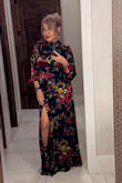 This dress was perfect for a Valentine's wedding. The fit is incredibly flattering and hides the tummy area while still showing shape. The high neckline in the front looks elegant, and the open back makes it very sexy. The slit adds just the right amount of drama.
It was a little long on me, but with platform shoes, it was perfect and flowed beautifully. I received so many compliments all night. Definitely recommend for weddings or special occasions. - Azucena C.
