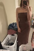 Material and fit are great. The bust area is a tad too big on me, but it doesn't slide down. I have a small chest, so it's to be expected. It's lined, stretchy, and comfortable. I ordered a medium and it fits true to size. You could size down for a more snatched fit. - Karly M.