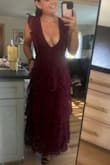 I wore this dress for to match my husband (without being too matchy) for a wedding he was in. Wedding forecast was 50 and rain. I stayed warm and was complimented all night long! The V is very deep but the layers nicely covered my 13 week baby belly! - Johanna S.