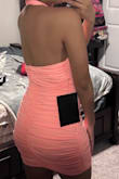 Pink color doesn't match pictures, but I actually had already seen the true color in reviews before ordering and so that didn't bother me.  I have a 36B chest and it fits well. This is 87% nylon and 13% spandex and feels like it. I wish the ruching wouldn't move under my stomach when I sit. I'll be adjusting that while I wear it. I'm wearing normal panties as I try this so don't mind the panty line. Overall, this'll be a good outing dress to have in the closet. - Brittany A.