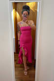 Sadly this dress sizing is way off. It runs at least a full size smaller than other similar Lulus dresses. The pink color is pretty although the material is a slightly rough crepe. The zipper had issues as others mentioned. I liked the neckline and the twist in the back. The slit is a bit too high. The dress clings in all the wrong ways and made my abdomen feel like a stuffed sausage, it was not cute - don't let the photo fool you, the side view was v unflattering. I really wanted to use this dress but will send it back. - Alexandra P.
