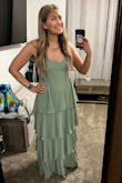 Beautiful dress. I loved the fit and the material! The color was accurate to the photos online and it became flowy right above my pooch so it was very flattering. Love everything about this dress, however you need to plan to have the length altered. I am 5'7 and this dress was still dragging in 3-4 inch heels. Unfortunately, I didn't have time to alter the dress before my event so I had to send it back. - Syerra Q.