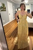 This dress fit me very well. My measurements were pretty spot on for a size large. The bust area will need to be tacked because when I turn to the side, it does come open a bit. The dress is too long for me. However, I have pretty short legs and a longer torso so this is a typical thing for my body type. The dress is beautiful. I love the slight shimmer and the fabric. - Stephanie W.