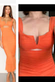 The orange was not at all the same color as pictured. Expected a soft muted orange, but it's actually a bright red orange. Reallyyyy didn't like that, so I had to return it. Wanted to exchange for a different color, but you can only exchange at no cost for a different size. Wasn't happy about having to pay for a return that was misleading in the photo. I didn't see any review photos with the orange either. I liked the way it fit, so I bought it in the pink floral. It was as expected and am keeping it. - Tori C.