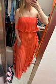 I love this dress! It's so flowy and the color is gorgeous. The length is very long so I'll need to have it hemmed. It is a tad more sheer than I'd expect- can't wear dark underwear. It's hard for me to find dresses that aren't gaping in the chest but still have plenty of room for my hips/butt- this was perfect. - Sara S.