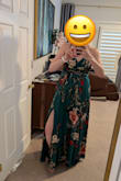 The material is silky and comfortable. Thick enough for no peekaboo moments. The slit isn't dangerously high, the length is great for us tall girls. It drapes well so it doesn't show off the tummy pooch too much. Can't wear a bra with it, but some cakes with it will make it perfect. - Amanda E.