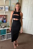 This is a cute LBD that adds a bit of flare with the cutouts. The top, right around the underarms, is a bit tight on me, but I wouldn't want a larger size because the rest of the dress fits well. The fabric is stretchy but not thin or flimsy. It feels structured and like it helps shape my waist and hips, but I can still move in it. - Becky H.