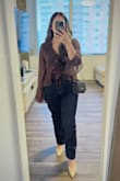 The material is perfect for spring/summer, super lightweight. I think I may even be able to wear it during the fall with a leather jacket.
It doesn't fit me as a crop top as it shows on the model because I'm petite, but I actually prefer it that way. The color is gorgeous! I'm looking forward to styling it in other ways. I received so many compliments. - Rocio Z.