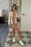 The khaki color is true to the picture. The material is comfortable, and I really appreciate the elastic in the back and the drawstring. My only complaint is the lengthy pockets because I am petite. I would have loved to shorten it at the bottom, but I can't due to the long pockets. So if you're average in height or tall, the pockets shouldn't be a problem. - Rocio Z.