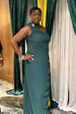 Love this dress, especially for the price. I'm 6' and with a low heel it just skimmed the floor. Great quality material.  The scarf keep slipping off my neck, so I just pinned it. - Phyllis G.