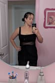 I ordered this for a black tie wedding reception, but the top of the sheer area shows the underside of my bra. I think I'll end up wearing my second choice. It is super sexy and veeery comfortable though. - Amaris M.
