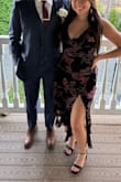 I ordered a medium and a small to try both sizes. The material of this dress does not stretch, and the medium was just a little too small. The large was too big and had extra loose fabric in the back. I chose comfort and went with the large. Straps are thin but lasted through the night. Pattern and material are pretty, and the cut was flattering. - Candace P.