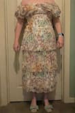 It's so pretty, and flattering!! I said it runs big because I am DEFINITELY not a small anymore at 5'1 and 140 lbs, but this fits BEAUTIFULLY. I feel confident in this dress, even with my post menopausal weight gain (30+ lbs). I think this is supposed to be "midi" length, like on the model, but I am short, so it is almost to my ankle. I like it! Lulu's dresses seem to run long anyway, I think, since all of the full-length ones I bought have had to get altered lengthwise quite a bit. Not this one!! No bra, stickies, or double stick tape in the picture, but I will probably wear them on the day of, simply for my comfort. I don't really have to. It's fine as is. - Beth C.