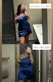 I love this dress! I bought it when I was about 215lbs, and now sit at 200lbs. It fits me in both stages of life, and I love it!! It does not have a lot of stretch, but perfect hugs your waist. The top can be a little finicky if you do not have a large chest. I am 5'9, and it is a little short, but nothing to worry about! - Sarah D.