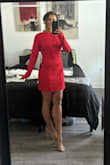 Loved this dress, but ended up returning it because it was a bit snug in the shoulders and hips for me. If I moved my arms at all, the shoulders got tight, and the whole dress kind of lifted up, if that makes sense. It also had a little budge in the back where the bottom of the zipper was. Sleeves were also a bit long, but I think that's the style. Overall, it did fit me really well, but it felt like a dress I would fidget with all night, so I am returning it. - Aspen