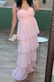 Amazing. The dress was beautiful. Very comfortable. I was a little nervous about it being strapless, but it never moved at all. Nothing went wrong. Had it on for more than 9 hrs in a humid hot weather. I used boob tape, but you can easily use a strapless bra. Amazing. Very happy with this purchase!! - Diana C.