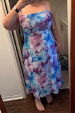 Pretty dress! It looks like the picture. It was almost ankle length on me, but I'm 5'3". I ordered an xl. I would've preferred an xxl because it was too tight on my chest, but they were sold out. Measurements = 43"-37"-49" - Arielle H.