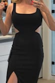 Lots of stretch, making this very comfortable. It's one of the few where the length is perfect, and I love the cut outs and slit. - Maggie S.