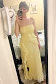 I don't usually wear strapless dresses/shirts but this dress feels very secure and I did the jump test lol. It's very long so if you're on the shorter side it will need to be hemmed. I was debating between a small or medium based on reviews and I'm glad I got the small! Fit like a glove and I'd rather it be a little tight due to it being strapless. The color is beautiful and the material feels expensive. Only thing is the metal hook by the zipper just fell off when I was putting it on so I'll have to sew that. Def get it and buy your normal size. - Nicole A.