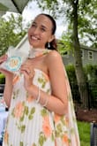 UPDATE: I wore this to the bridal shower and got SO many compliments! 11/10 no notes. I bought this for my bridal shower (I'm the bride), and it's absolutely perfect. It stays up and looks so classy, especially for the price. It's a little long on me (5'6), but I think with a small heel it'll be perfect. - Maureen E.