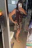 To give you an idea of how much I love this dress, who doesn't love a nice cocoa brown & the style, I ordered ALL sizes except NOT a Small. The size that fits my 5' 120lb frame is XL. It's not tight or loose...just right. Keep in mind that all sizes had a neck opening of 7-8 inches side to side when lying flat. I had to stretch it... some threads popped to get it over my head but remain stitched. I might alter and shorten the shoulder to bring it up a bit. After all, it is an XL, likely best for someone taller & over 5ft. - Bonnie K.