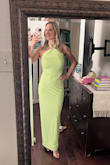 This is a gorgeous dress! Thick material that stays in place. Loved the top also with having a larger chest. I felt like it helped lift and stay in place. The only negative is the bottom is pretty narrow all the way down to the legs/feet. I did end up returning this because I ordered several dresses and for a beach wedding, I didn't want to worry about walking on sand with it being tight at the bottom. However, I will purchase this again for a formal evening on solid ground! - Amber H.