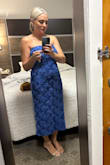 Beautiful dress! Purchased for a coastal wedding. Ordered both medium and large. Medium fit but decided to go with the large, as it was just a little more comfortable in the bust area. Very vibrant blue and gorgeous detail! The dress provided support but enough stretch to keep me comfortable throughout the entire evening. No problems dancing! Highly recommend!! - Kristen S.