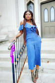 This jumpsuit is a line denim look alike fabric.  It's so light and airy which makes it perfect for warm weather.   This jumpsuit is so classy and stylish.  It can be worn so many places. I was very happy with this purchase. - Munah G.