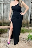 Must Need Long Black Dress for any occasion. I was very impressed with this dress. The fit was PERFECT and slimming. I wore this with heels and it was the perfect length for me. I LOVED the slit in the front. Fabric is great quality and not see through whatsoever. I've kept this dress as an emergency backup as it's a great option if I need it for another last minute occasion. - Tiffany T.