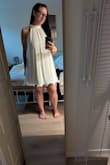 Vaivah Ivory Satin Plisse Mock Neck Swing Mini Dress