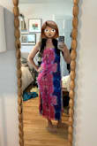 I read other reviews about there being no stretch, so I did size up to a M (usually S) and was happy with the size. I have a small chest and wider butt/thighs so sometimes column styles are too tight on my hips. This fit well, but just wasn't that flattering on me. Felt like it would be more appropriate for a beach vacation than a wedding. The fabric was nice though, and I liked the clip dot detail in the fabric. I didn't end up keeping it so I'm wearing a bra and no heels in photos. - Hannah C.